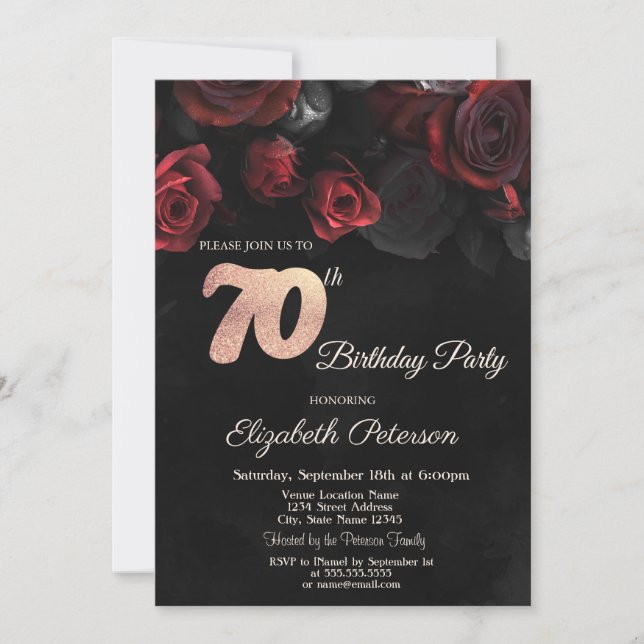 Chic Red Roses Black 70th Birthday Party Invitation (Front)