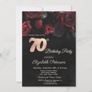 Chic Red Roses Black 70th Birthday Party Invitation