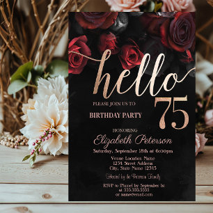 Chic Red Roses Black 75th Birthday Party Invitation