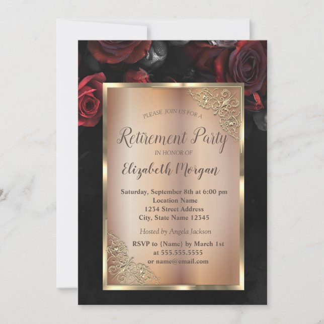 Chic Red Roses Black Retirement Party Invitation (Front)