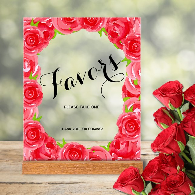 Chic Red Roses Bridal Shower Favours Acrylic Sign (Red roses bridal shower favors tabletop acrylic sign)