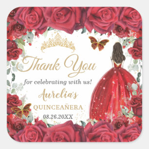 Chic Red Roses Floral Butterflies Princess Favour Square Sticker