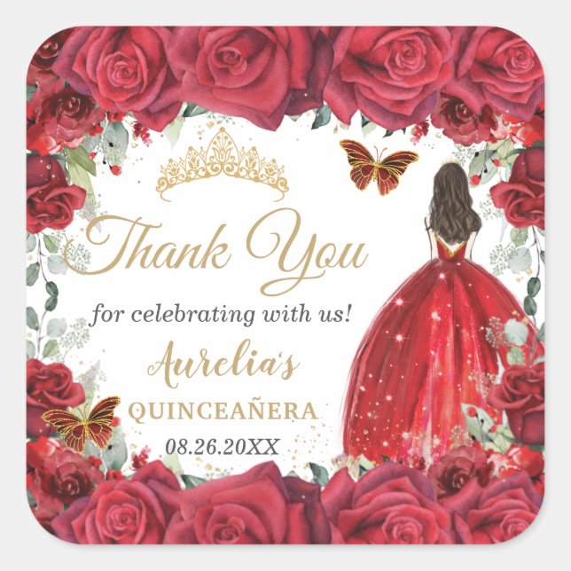 Chic Red Roses Floral Butterflies Princess Favour Square Sticker (Front)