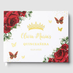 Chic Red Roses Floral Butterflies Quinceanera Gold Guest Book