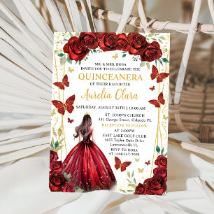 Chic Red Roses Floral Princess Quinceañera Invitation