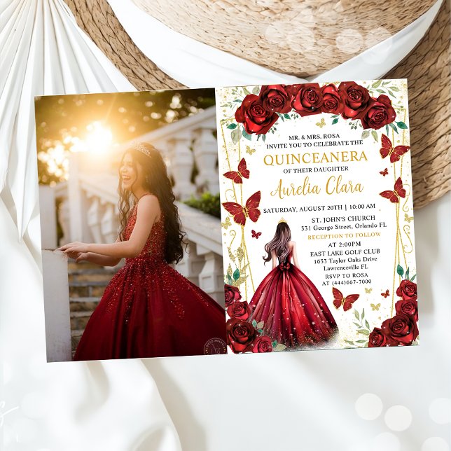 Chic Red Roses Floral Princess Quinceañera Photo Invitation (Creator Uploaded)