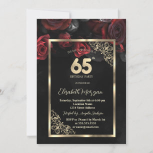 Chic Red Roses Gold Frame Black 65th Birthday Invitation