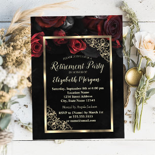 Chic Red Roses Gold Frame Black Retirement Party  Invitation