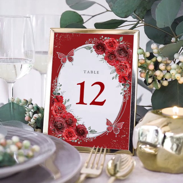 Chic Red Roses Silver Floral Butterfly Quinceanera Table Number (Creator Uploaded)