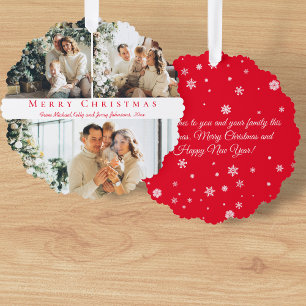 Chic Red Script 3 Photo Collage Merry Christmas Tree Decoration Card