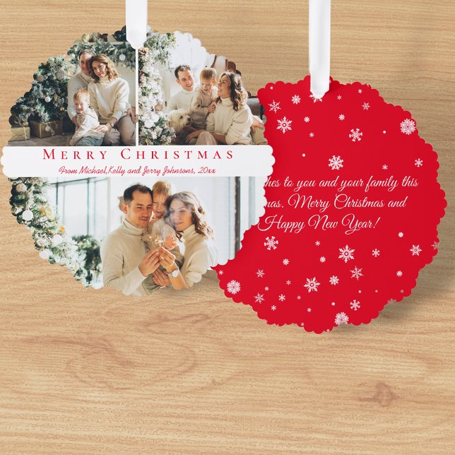 Chic Red Script 3 Photo Collage Merry Christmas Tree Decoration Card (Creator Uploaded)
