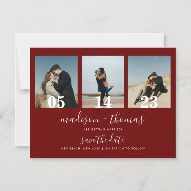 Chic Red Script 3 Photo Wedding Save The Date Magnetic Invitation (Front)