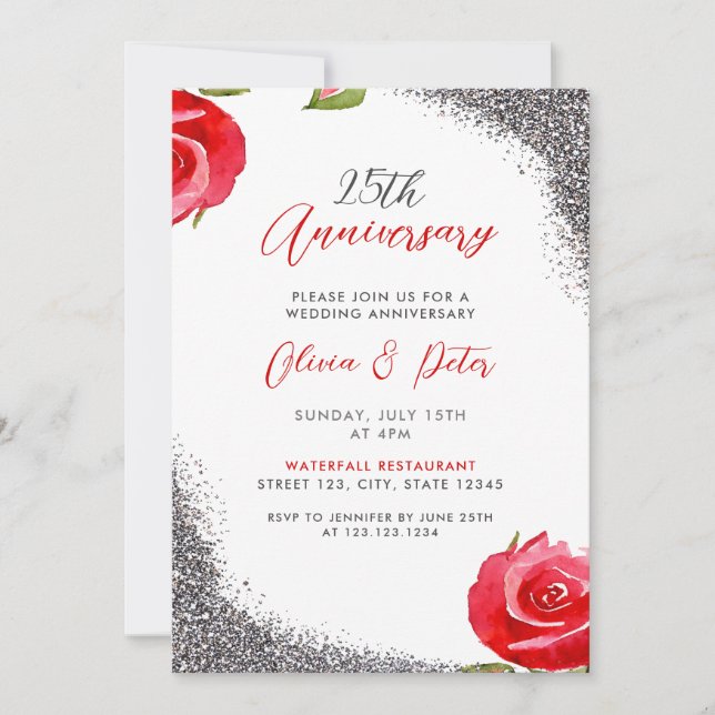 Chic Red & Silver Glitter 25th Wedding Anniversary Invitation (Front)