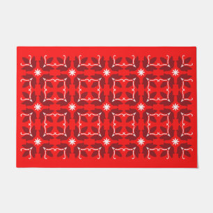 Chic Red Tile Flowers Pattern Large Door Mat