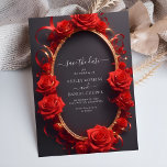 Chic Red Turkish Roses golden Frame Save The Date Invitation<br><div class="desc">Elegant,  modern,  and delicate Chic Red Turkish Roses golden Frame Save The Date wedding invitation that you can customise with your info to make it furthermore special. The romantic minimalist design features lovely and elegant calligraphy on a Beautiful background with a clean and simple look.</div>