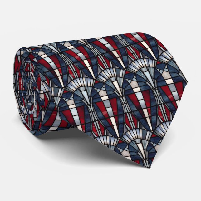 Chic Red White Blue Art Deco Mosaic Tie (Rolled)