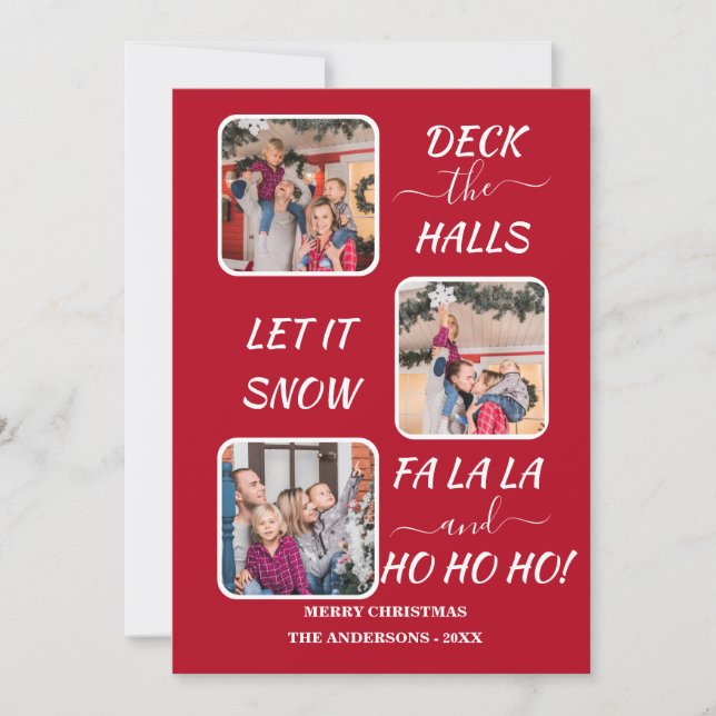 Chic Red White Fun Three Photos Christmas Holiday Card (Front)