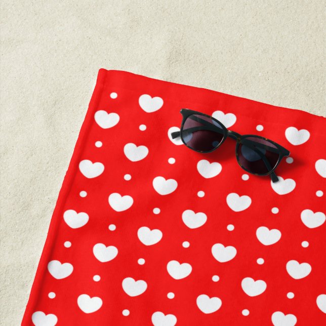 Chic Red White Hearts Pattern Family Beach Towel (In Situ)