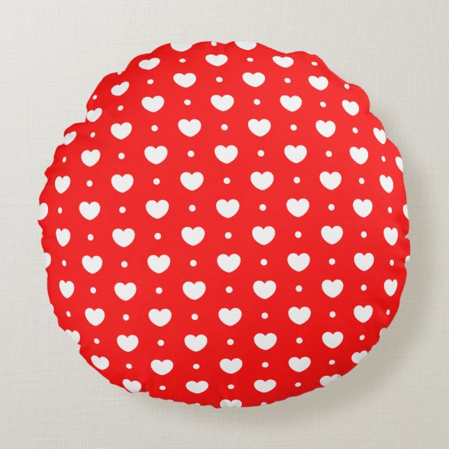 Chic Red White Hearts Pattern Girl Round Pillow (Front)