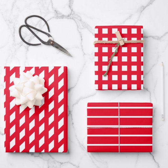 Chic red white stripes & plaid assorted patterns wrapping paper sheet (Front)