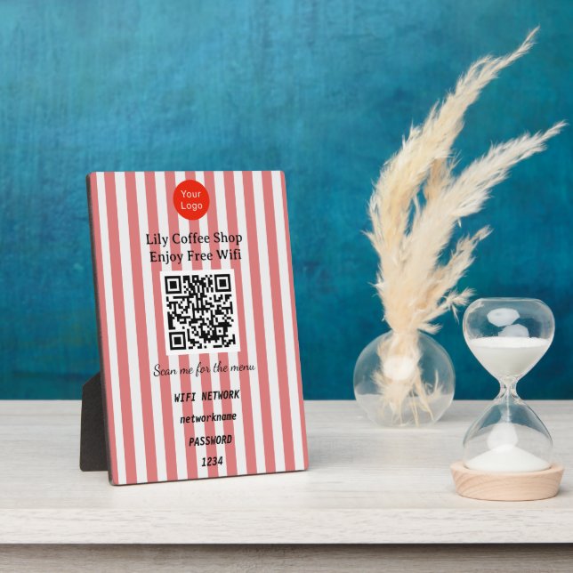 Chic Red & White Stripes QR Code Wifi Plaque (Side)