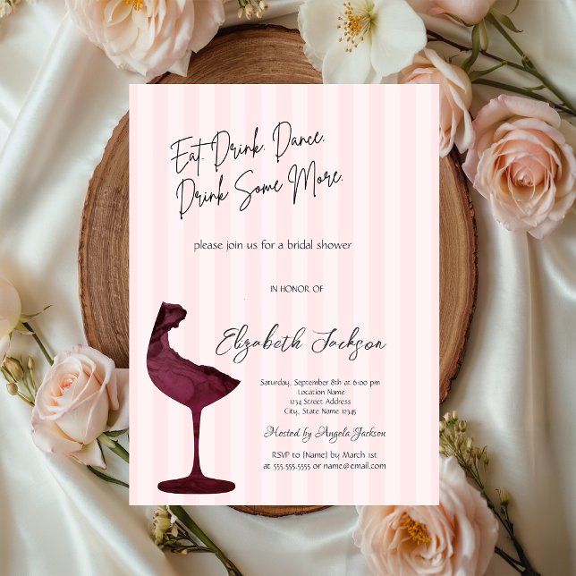 Chic Red Wine Glass Pink Striped  Invitation (Creator Uploaded)