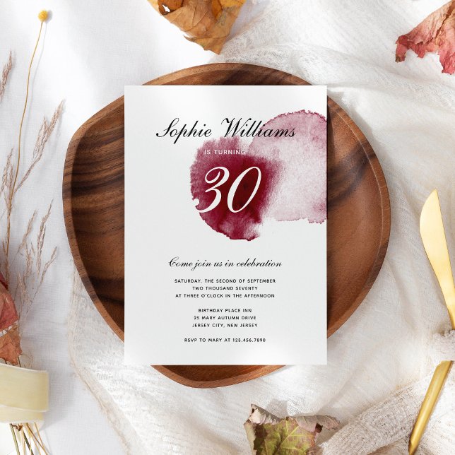 Chic Red Wine Spill Modern Custom Age Birthday Invitation (Creator Uploaded)