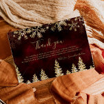 Chic red Winter gold snow pine wedding Thank You Card<br><div class="desc">Thank your guest for coming to your winter wonderland wedding with this gold glitter sparkles snow and snowflakes thank you card,  with gold shiny pine trees forest on an elegant winter red burgundy watercolor background.</div>