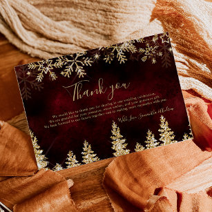 Chic red Winter gold snow pine wedding Thank You Card