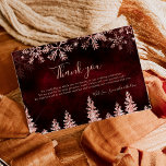 Chic red Winter rose gold snow pine wedding Thank You Card<br><div class="desc">Thank your guest for coming to your winter wonderland wedding with this rose gold glitter sparkles snow and snowflakes thank you card,  with rose gold shiny pine trees forest on an elegant winter red burgundy watercolor background.</div>