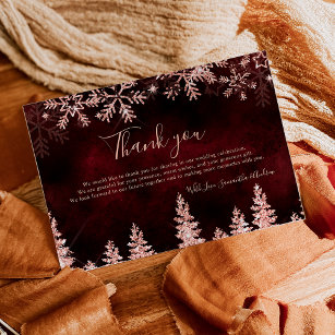 Chic red Winter rose gold snow pine wedding Thank You Card