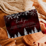 Chic red Winter silver snow pine wedding Thank You Card<br><div class="desc">Thank your guest for coming to your winter wonderland wedding with this silver glitter sparkles snow and snowflakes thank you card,  with silver shiny pine trees forest on an elegant winter red burgundy watercolor background.</div>