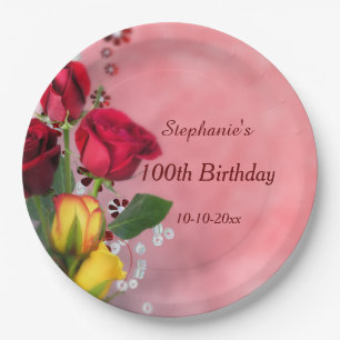 Chic Red & Yellow Roses 100th Birthday Paper Plate