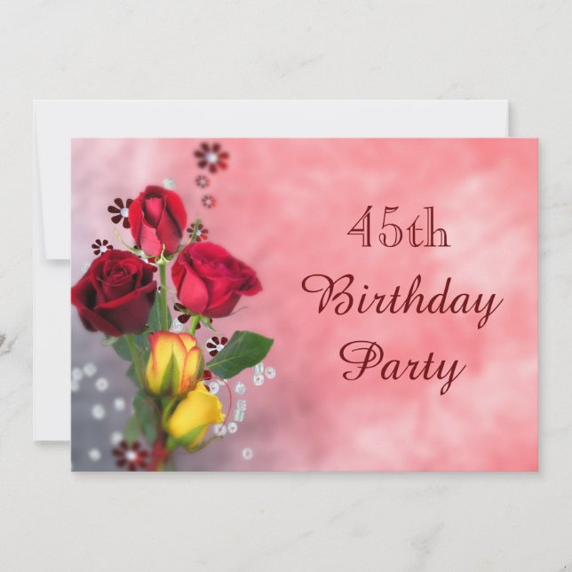 Chic Red & Yellow Roses 45th Birthday Invitation (Front)