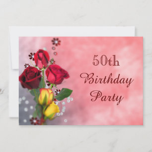 Chic Red & Yellow Roses 50th Birthday Invitation