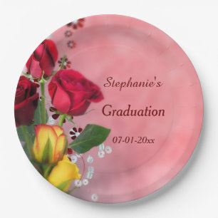 Chic Red & Yellow Roses Graduation Paper Plate