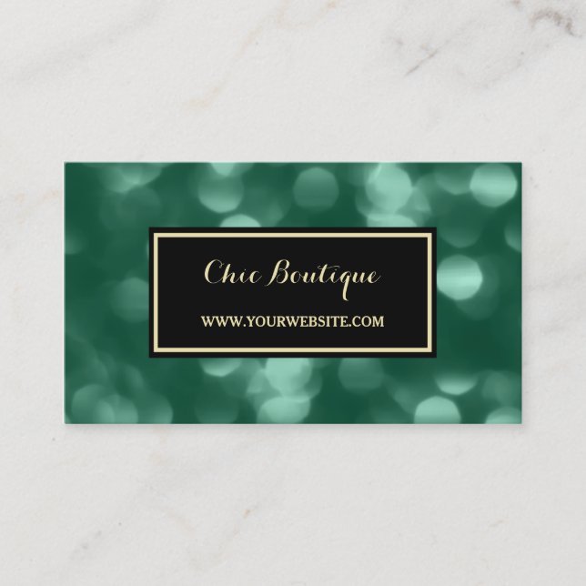 Chic Retail Boutique Glamourous Green Luxe Bokeh Business Card (Front)