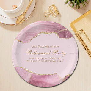 Chic Retirement Party Pink Gold Agate Custom Paper Plate