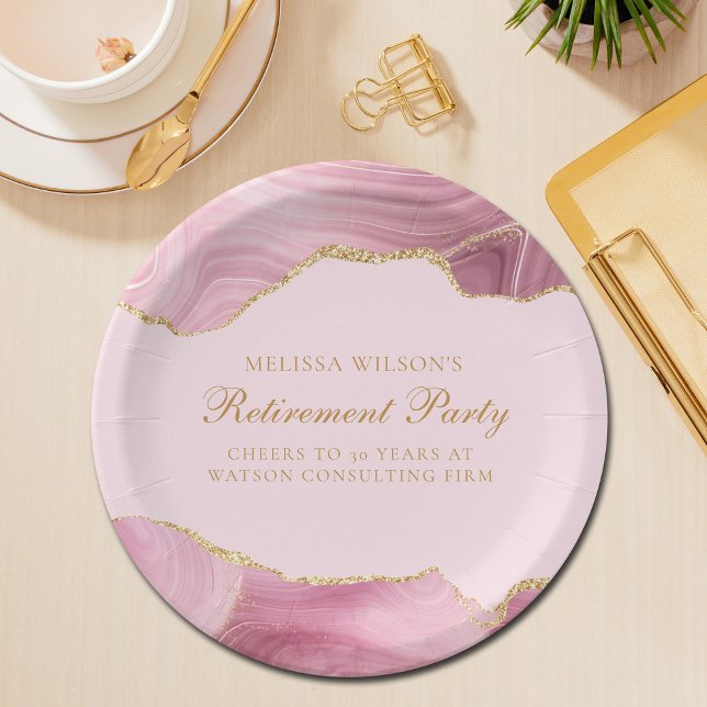 Chic Retirement Party Pink Gold Agate Custom Paper Plate (Creator Uploaded)