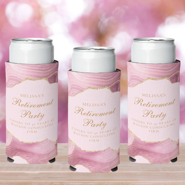 Chic Retirement Party Pink Gold Agate Custom Seltzer Can Cooler (Creator Uploaded)