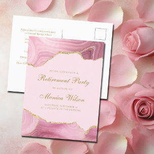 Chic Retirement Party Pink Gold Agate Invitation Postcard