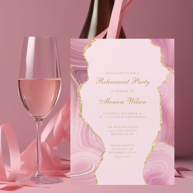 Chic Retirement Party Pink Gold Agate Magnetic Invitation (Creator Uploaded)