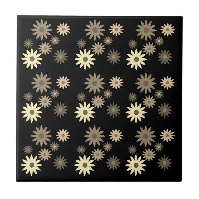Chic Retro 70s Abstract Daisy Flowers Print Black Tile (Front)
