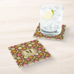 Chic Retro 70s Groovy Hippie Flower Monogram Glass Coaster