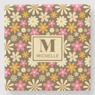 Chic Retro 70s Groovy Hippie Flower Monogram Stone Coaster