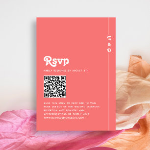 Chic Retro Coral Pink Monogram Wedding QR Code RSVP Card