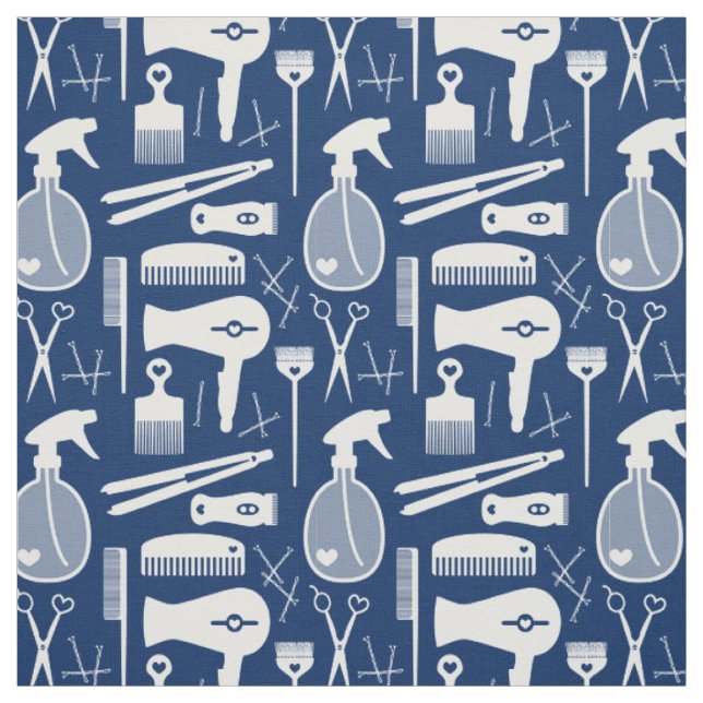Chic Retro Deep Blue & White Hair Salon Tools Fabric (Swatch)