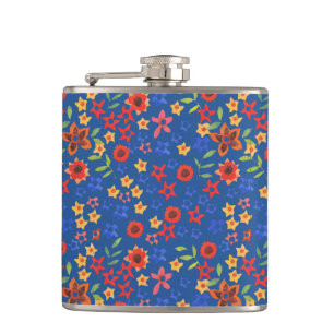 Chic Retro Floral Miniprint on Blue Hip Flask