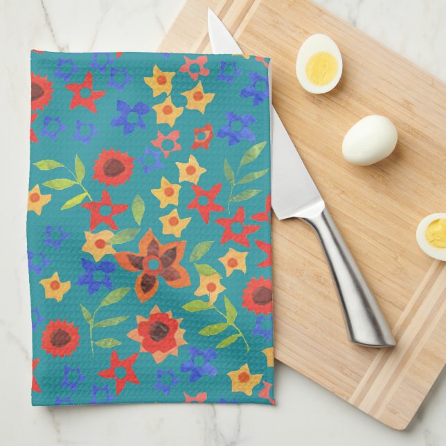 Chic Retro Floral Miniprint on Teal Kitchen Towel (Quarter Fold)