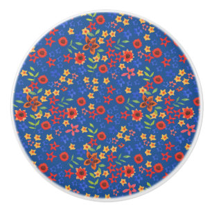 Chic Retro Floral Print on Blue Drawer Pull Knob